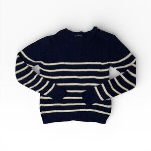 ZARA Knit Women’s Striped Sweater Navy White Button Shoulder Pullover Size L